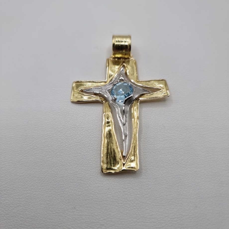 Cruz Ouro Bicolor 19.2kt com Pedra Azul