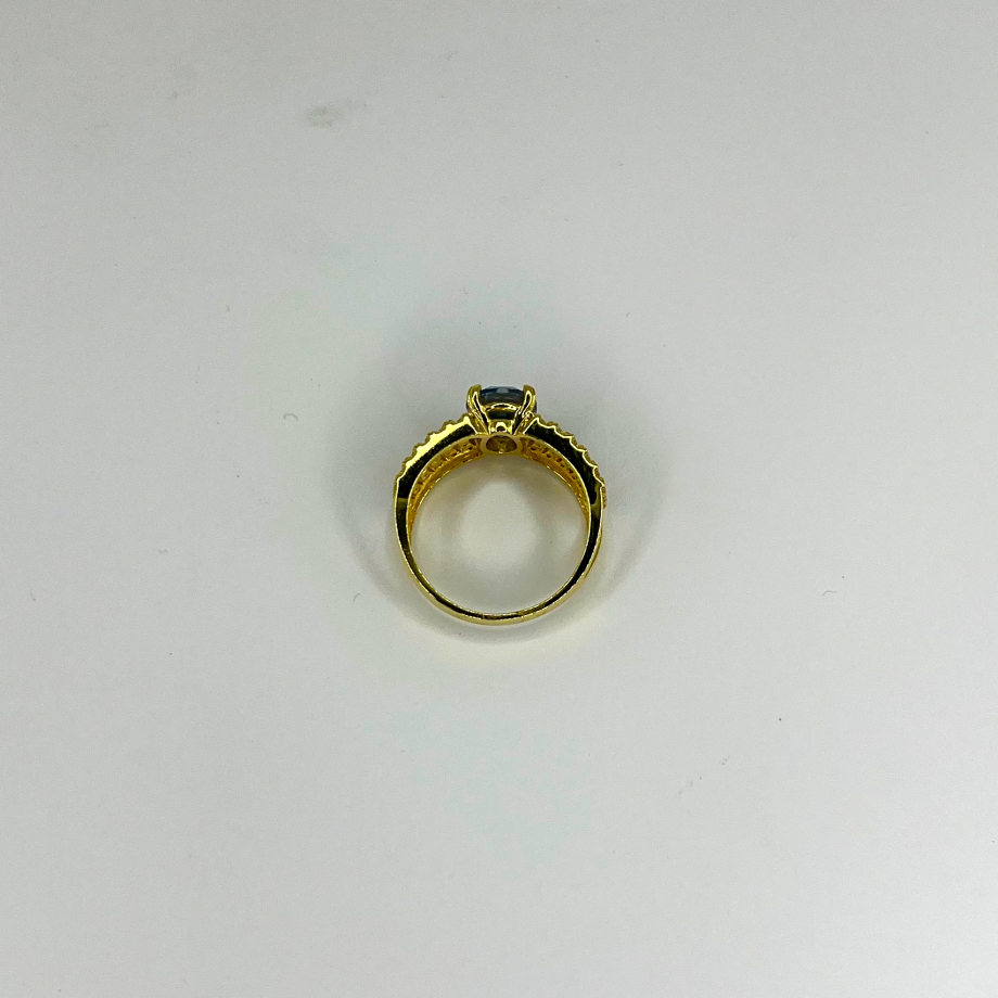 Anel Ouro 19.2Kt com Pedra Água Marinha e Zircónias