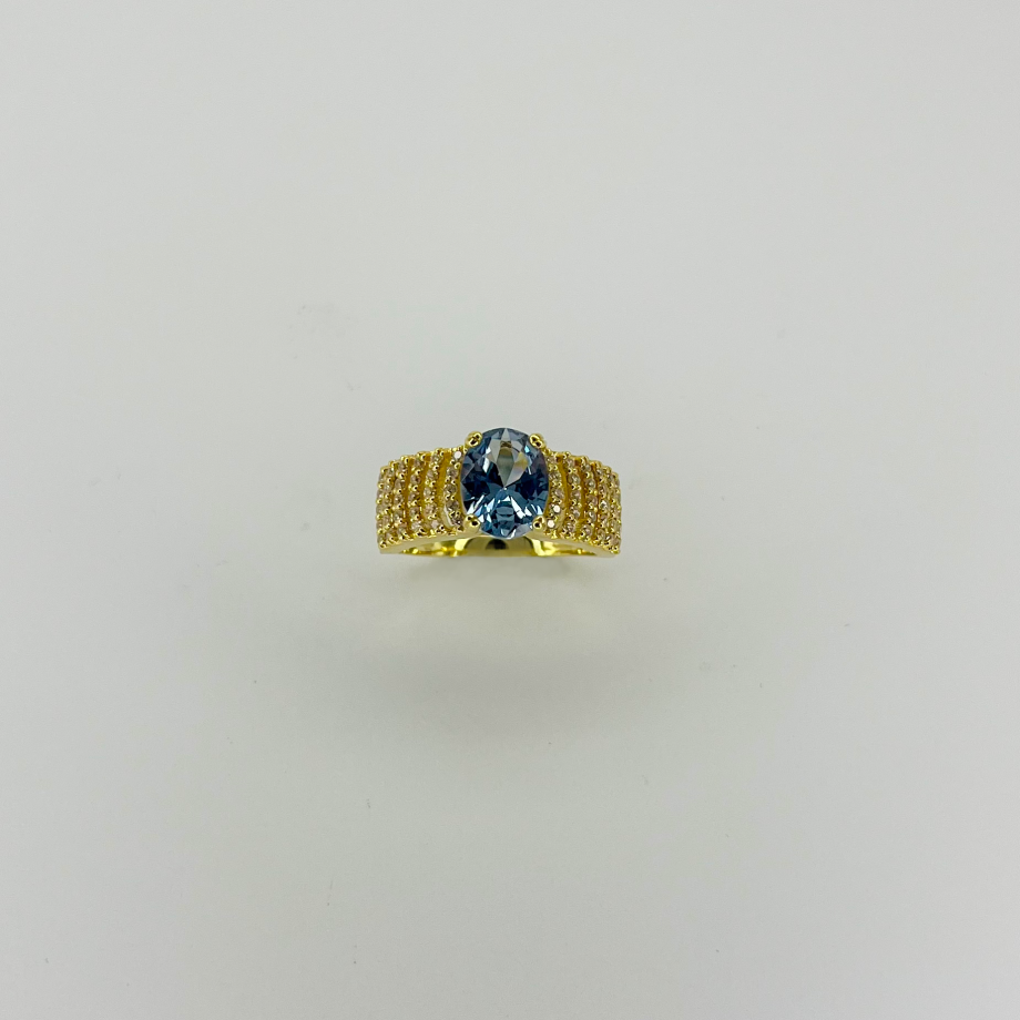Anel Ouro 19.2Kt com Pedra Água Marinha e Zircónias