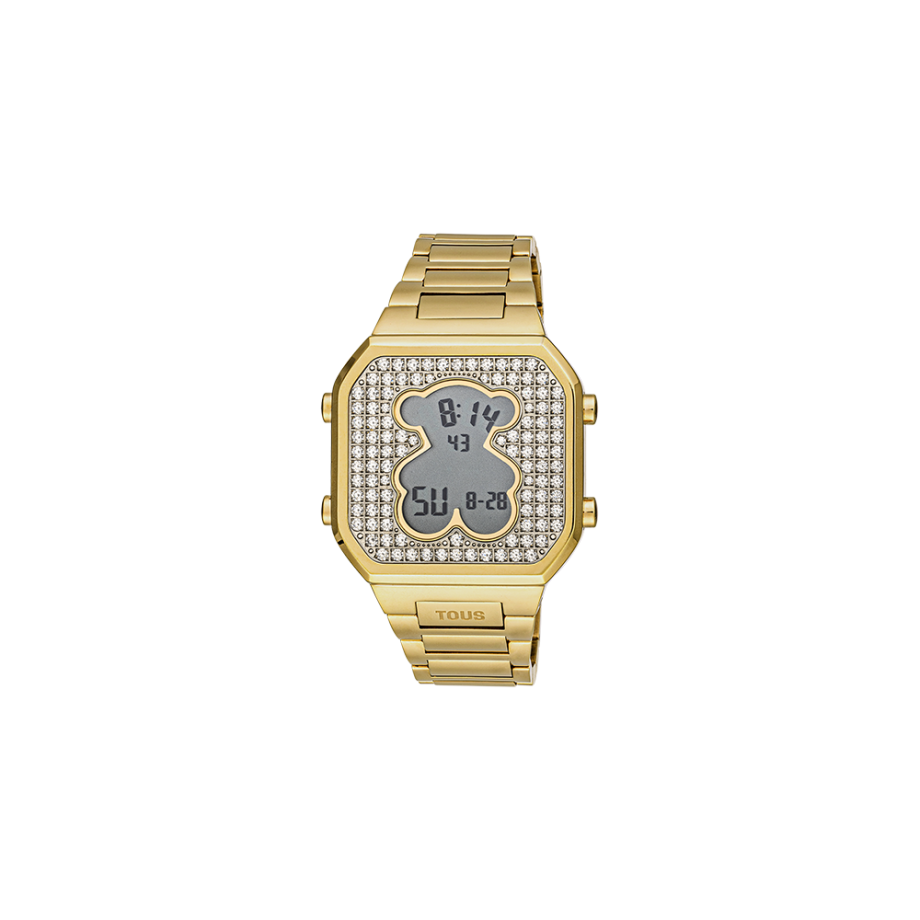 Relógio digital com bracelete em aço IPG dourado e zircónias D-BEAR