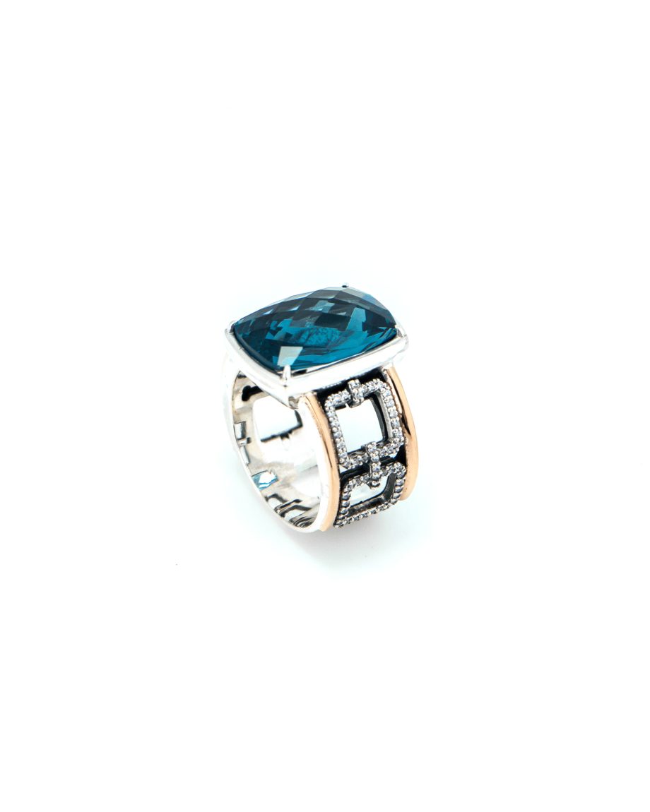 Anel Gumus Prata e Ouro 9kt com Pedra Azul