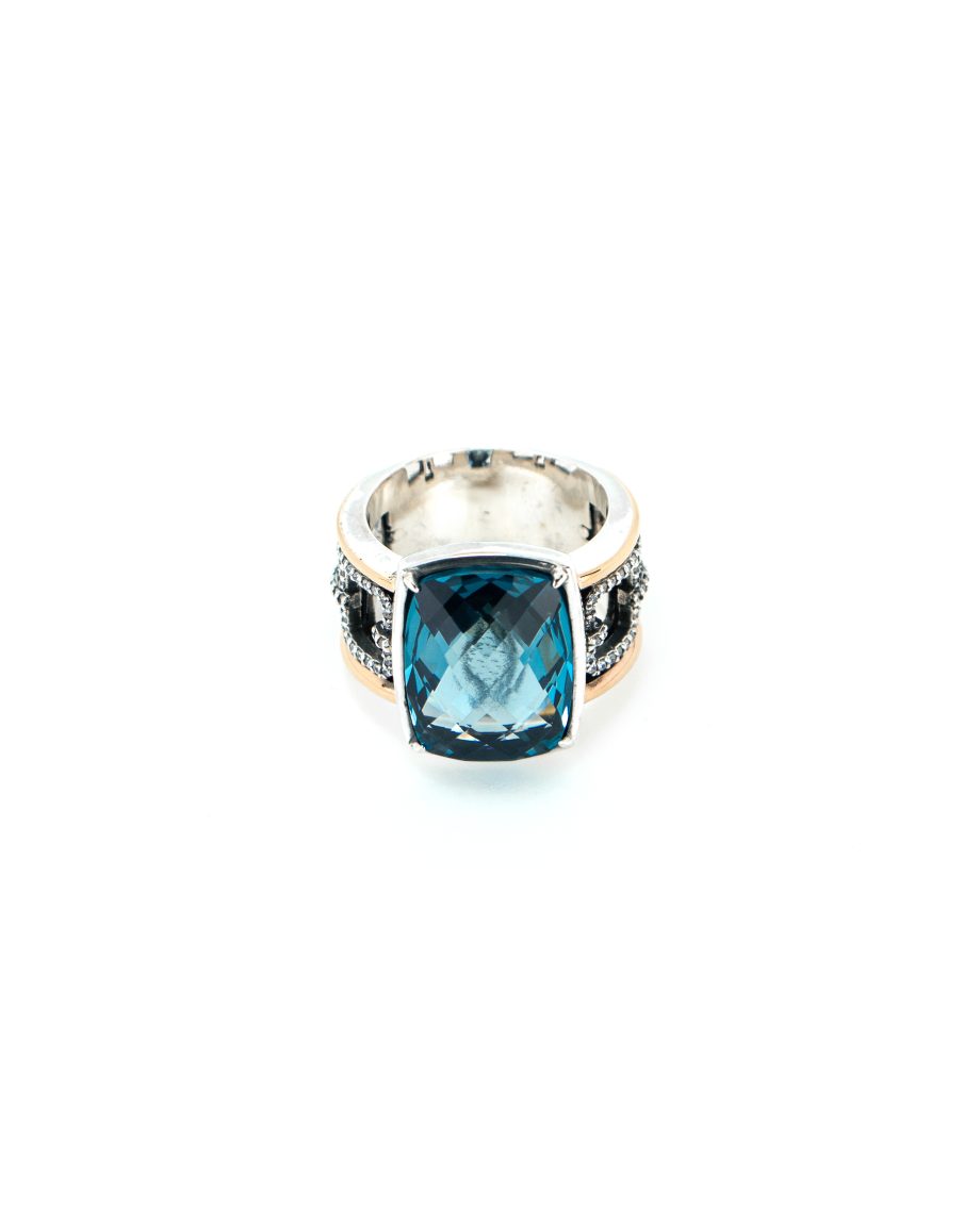 Anel Gumus Prata e Ouro 9kt com Pedra Azul
