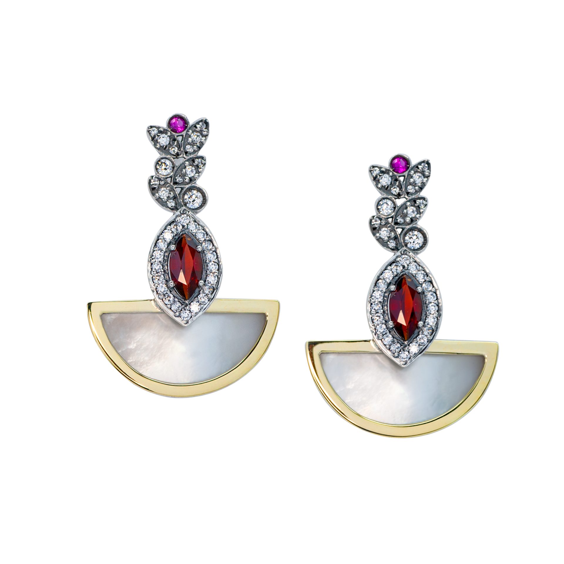 Brincos Gumus Prata e Ouro 9kt com Madreperola e Zircónias