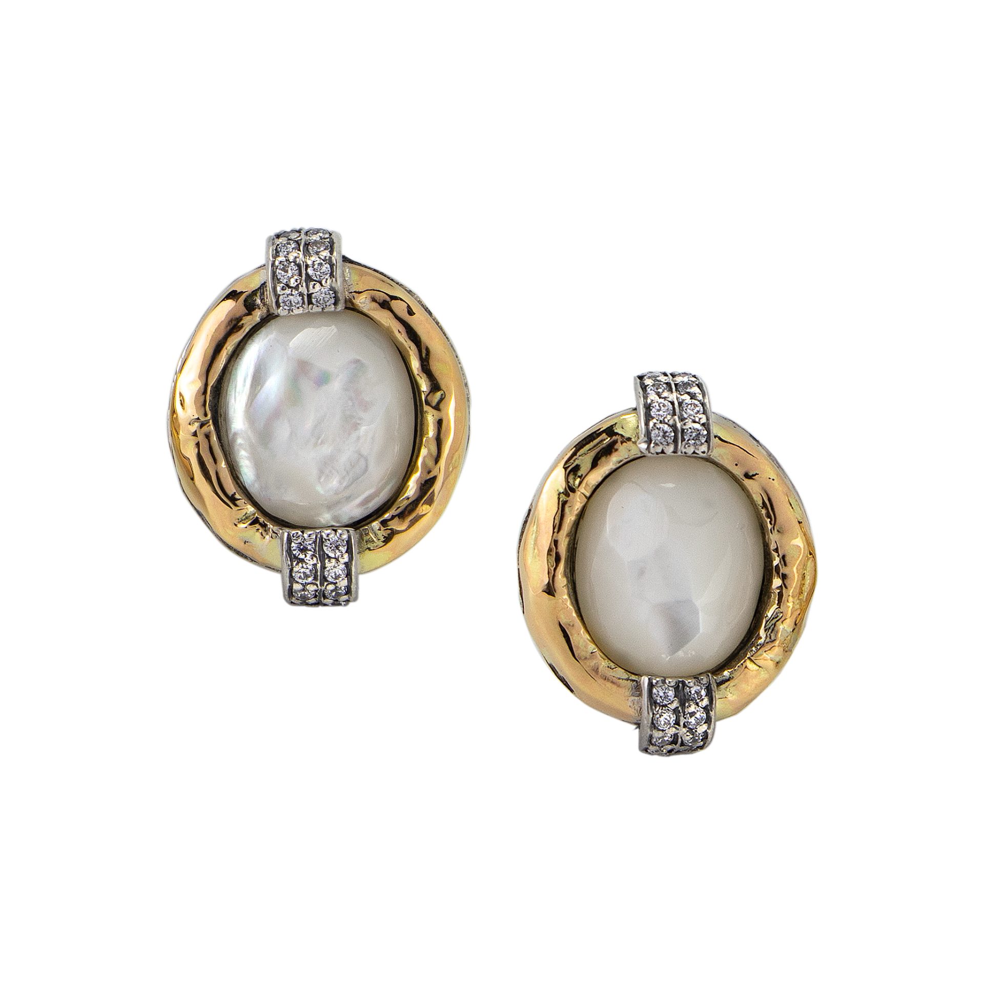 Brincos Gumus Prata e Ouro 9kt com Madreperola e Zircónias