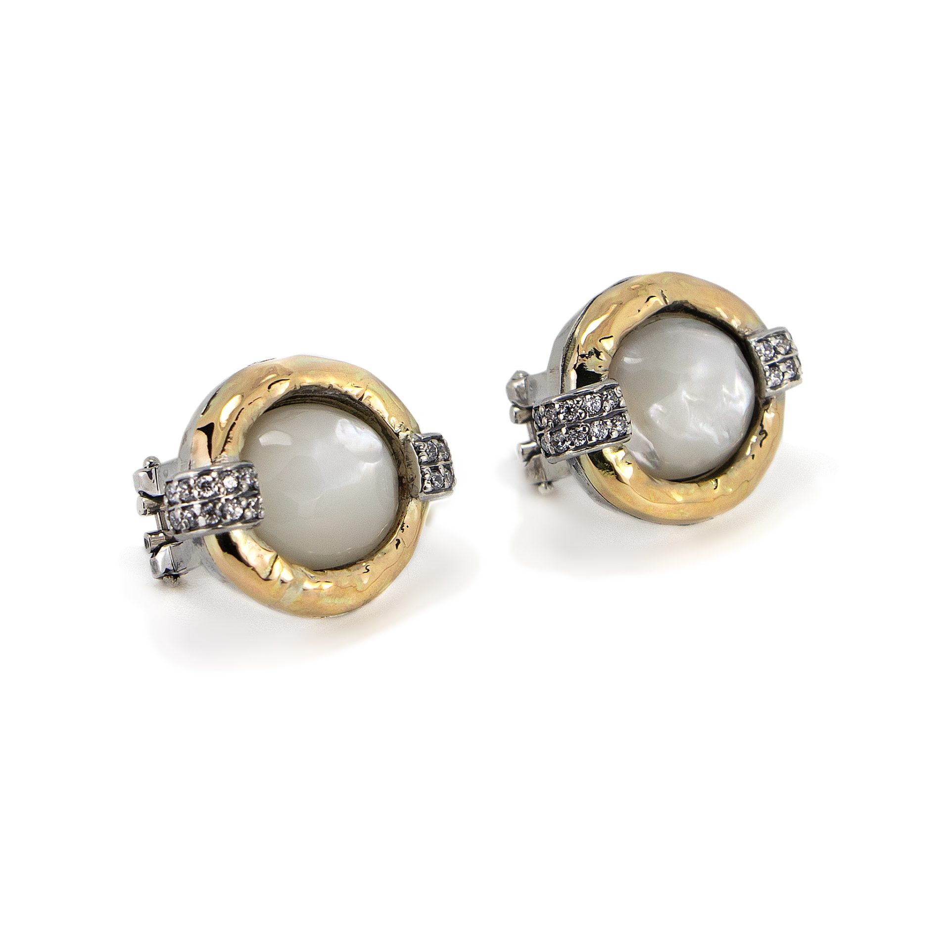 Brincos Gumus Prata e Ouro 9kt com Madreperola e Zircónias