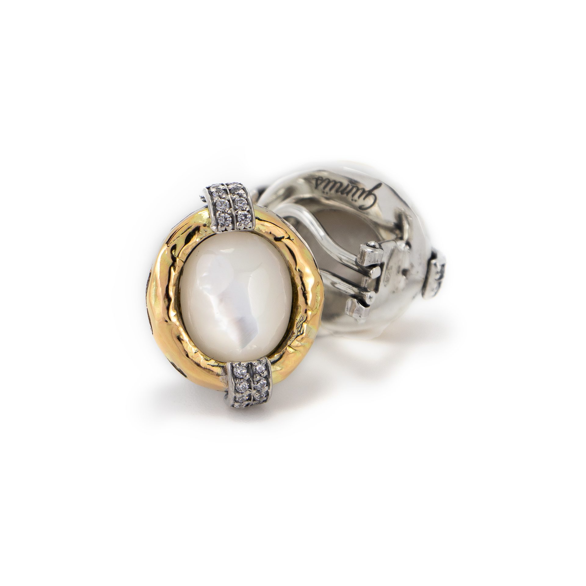 Brincos Gumus Prata e Ouro 9kt com Madreperola e Zircónias