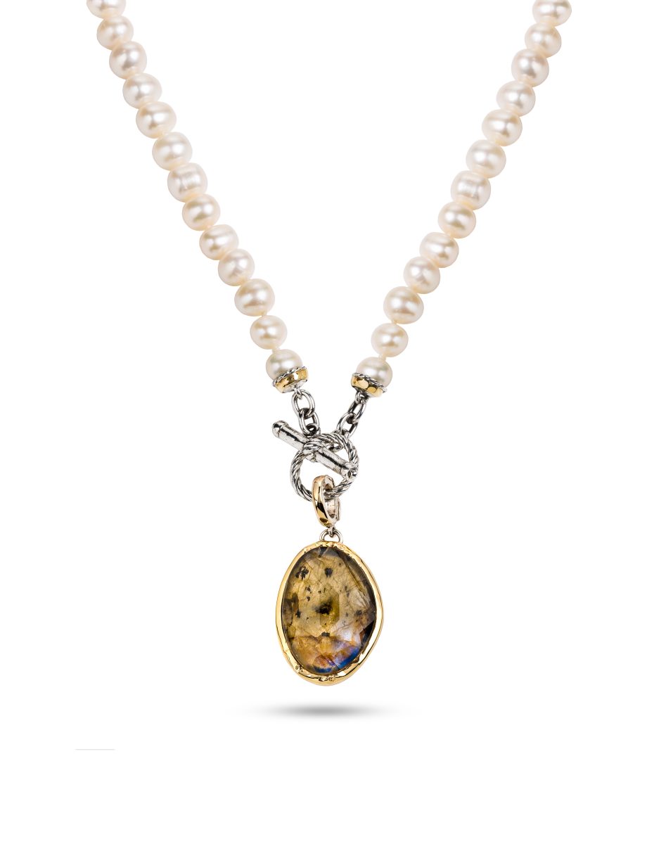 Conjunto Fio e Medalha Gumus Prata e Ouro 9kt com Perolas e Pedra