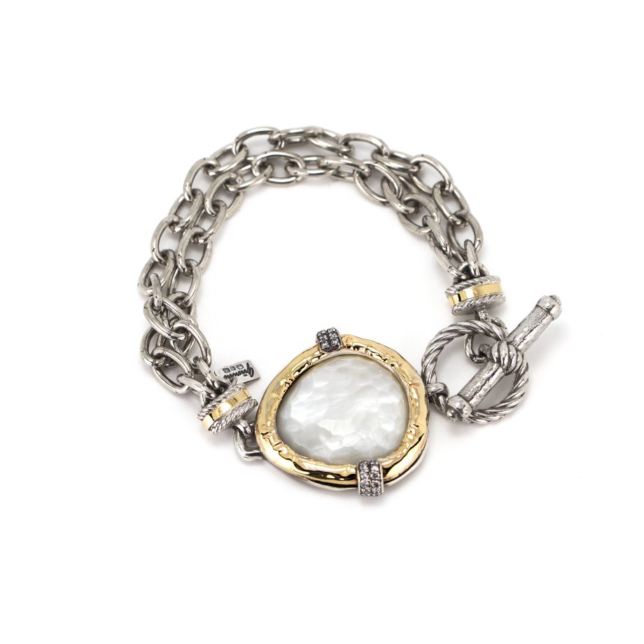 Pulseira Gumus Prata e Ouro 9kt com Madreperola e Zircónias