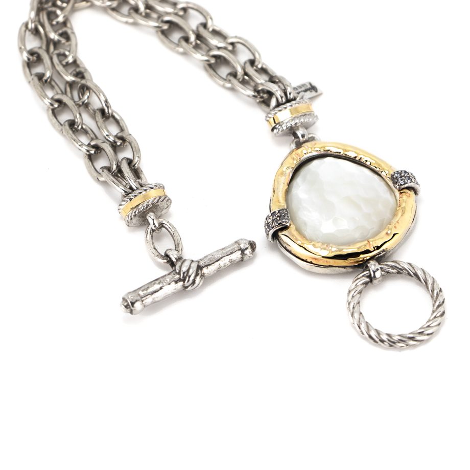 Pulseira Gumus Prata e Ouro 9kt com Madreperola e Zircónias
