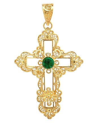 Cruz Prata Dourada Filgold com Pedra Verde