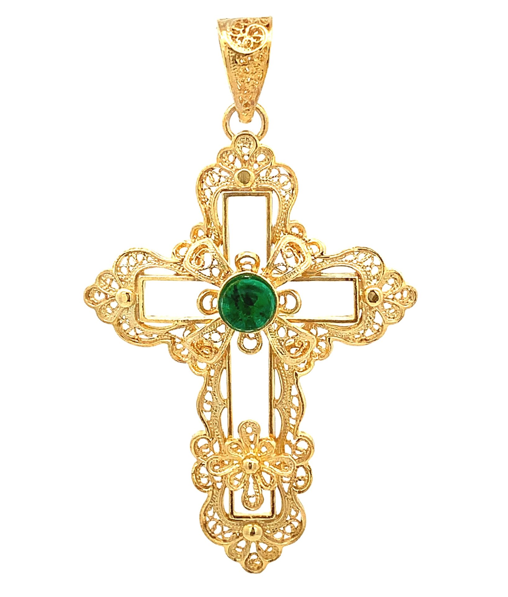 Cruz Prata Dourada Filgold com Pedra Verde